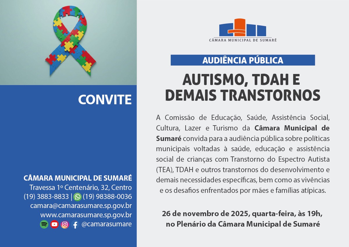 Audiência pública em Sumaré debate Autismo, TDAH e outros transtornos do desenvolvimento